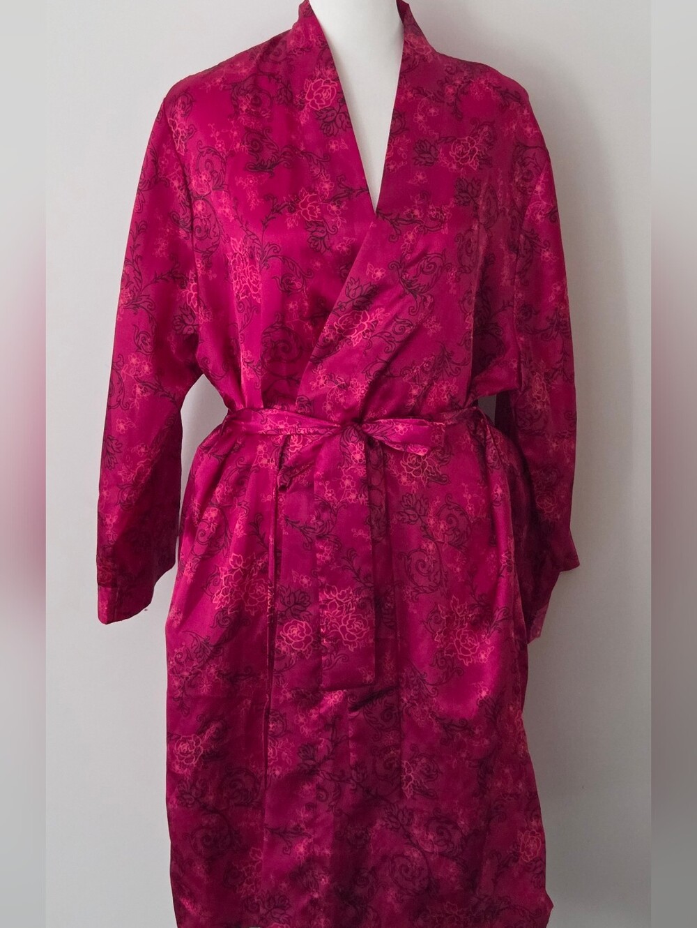 La Vie En Rose Fuchsia Floral Satin Wrap Robe with Tie Belt